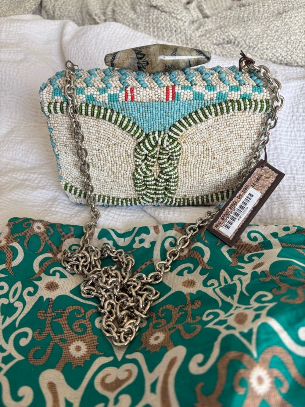 Maliparmi Cream & Turquoise Beaded Clutch with Silver Chain